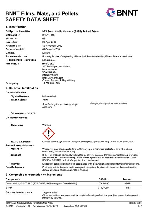 BNNT Refined Film, Mat, & Pellet SDS